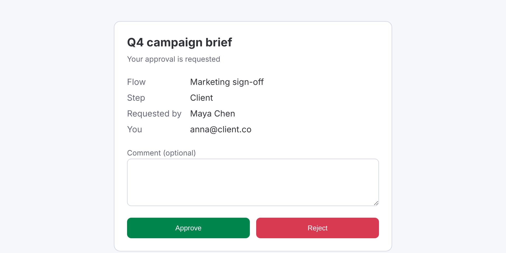 The page an external approver sees, with Approve and Reject buttons